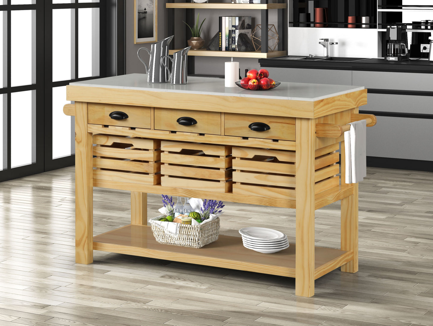 Kitchen Island, Marble & Natural Finish