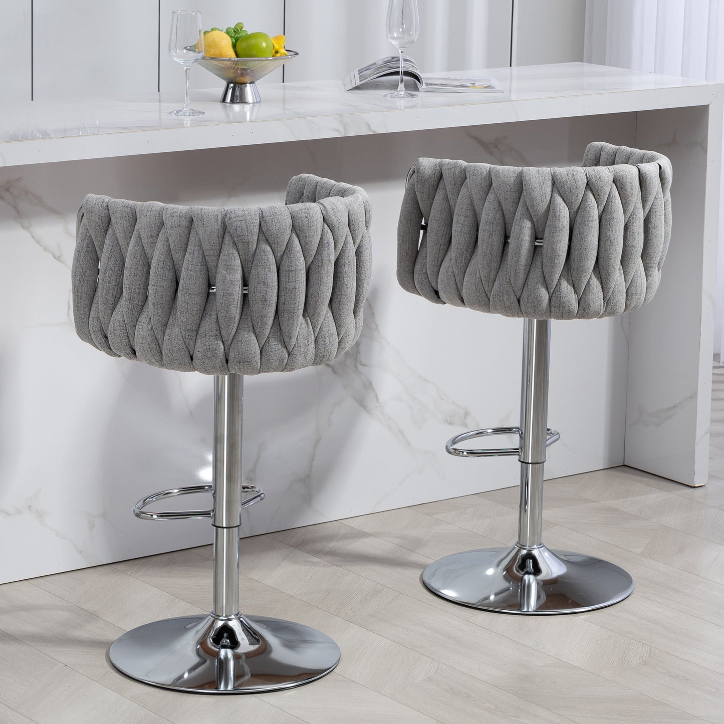 360° Swivel Fabric Bar Stools Set of 2 - Adjustable Counter Height Chairs with Woven Back & Footrest, Gray