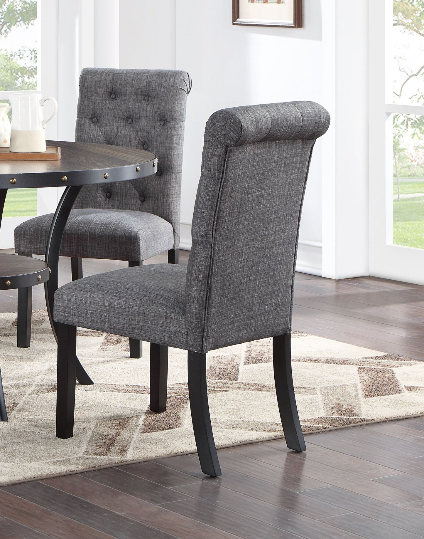 Modern Classic 5pc Dining Set - Natural Wood Round Table & Charcoal Tufted Chairs