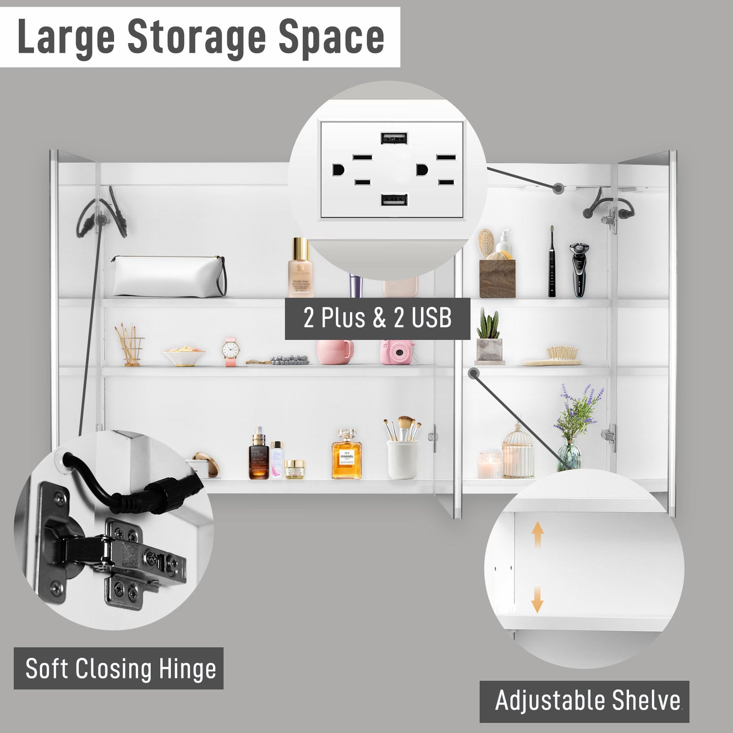 LED Bathroom Wall Cabinet - 3 Door Mirror Cabinet, White