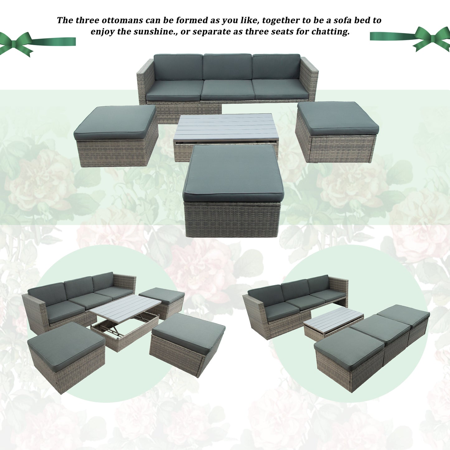 5-Piece Patio Wicker Furniture Set - Sofa, Ottomans & Lift Top Table