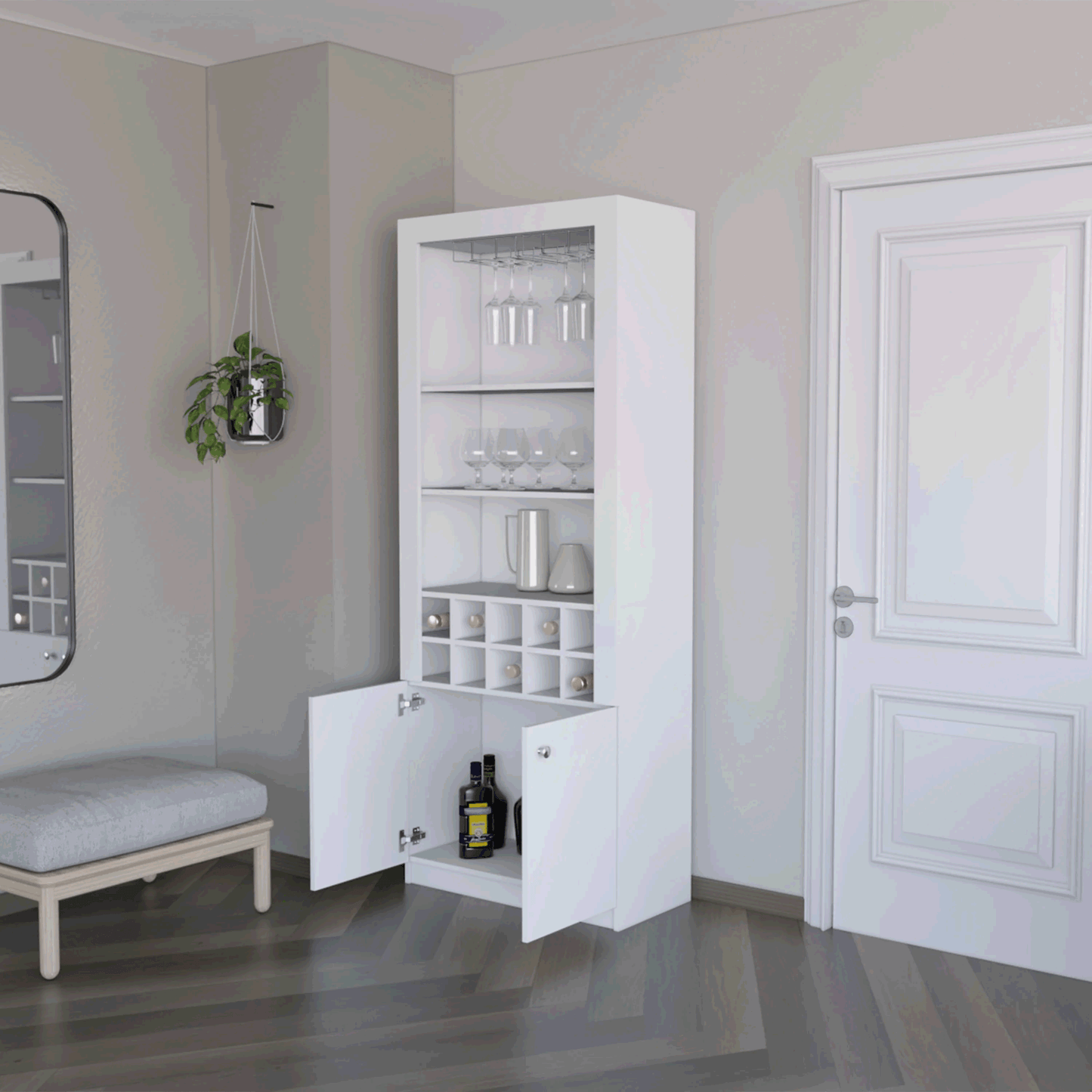 Mia White Bar Cabinet - Wine Storage & Three Shelves