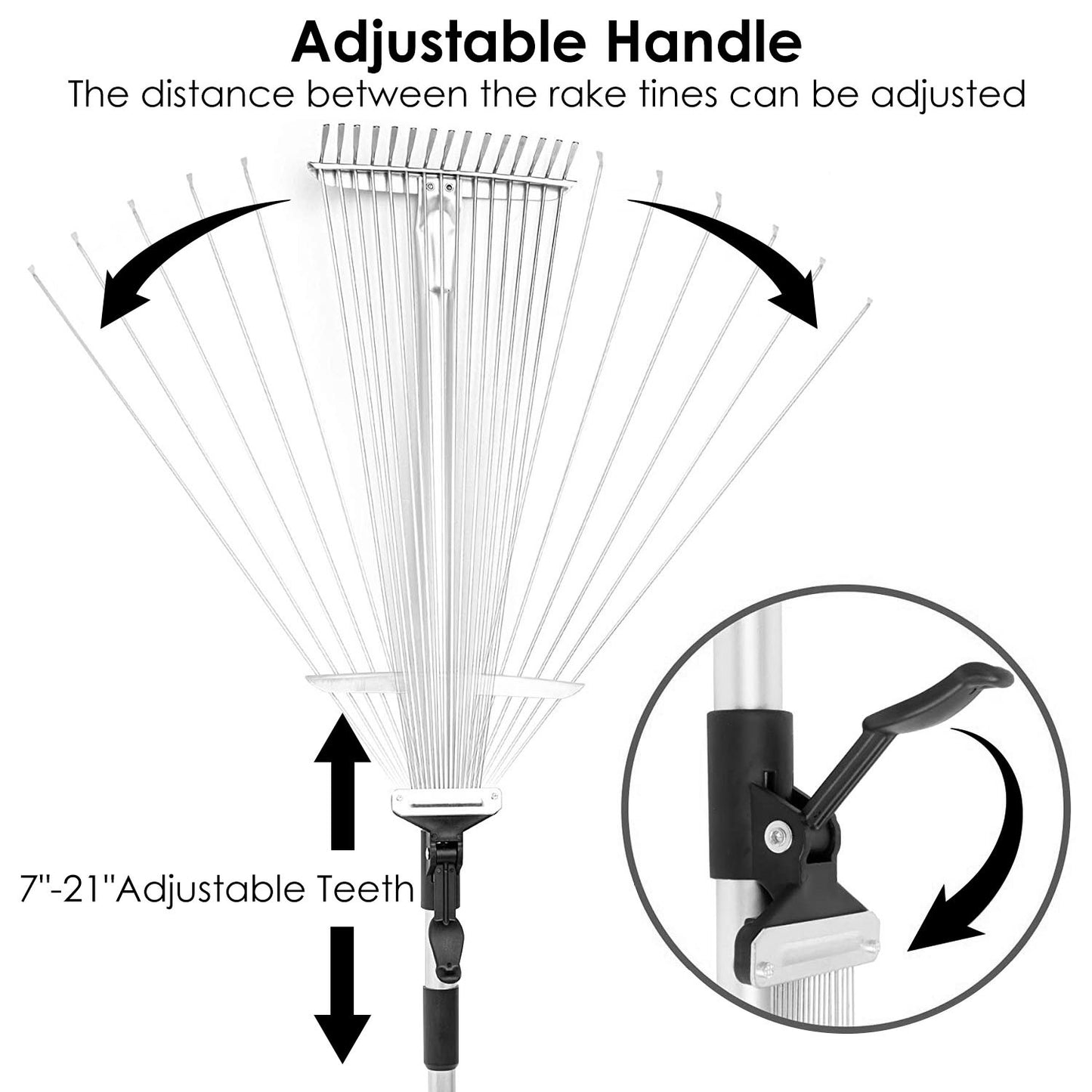 63in Adjustable Garden Leaf Rake - 15 Teeth Expanding Stainless Steel Rake