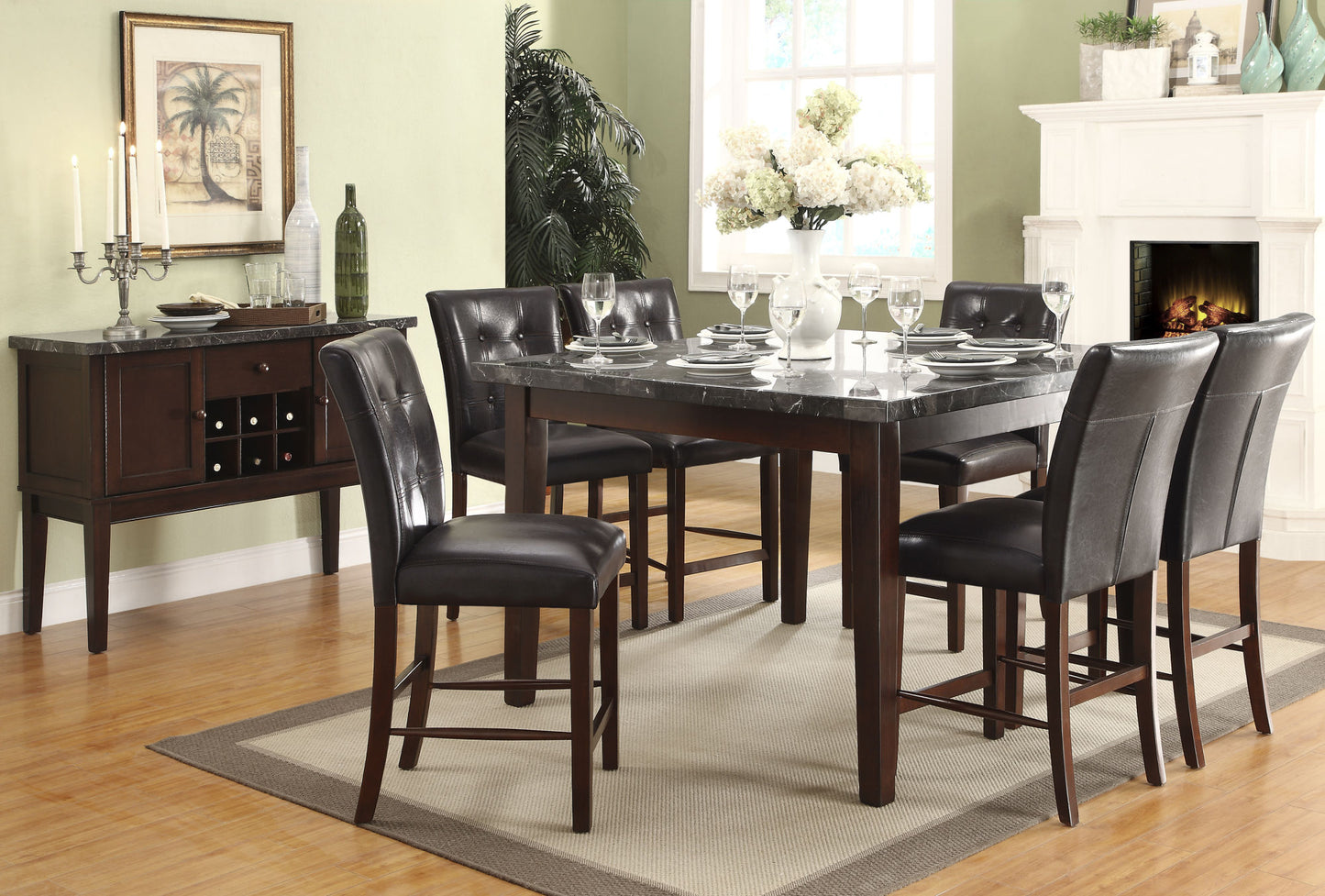 Dark Cherry Finish 5pc Counter Height Dining Set - Marble Top Table & Faux Leather Chairs