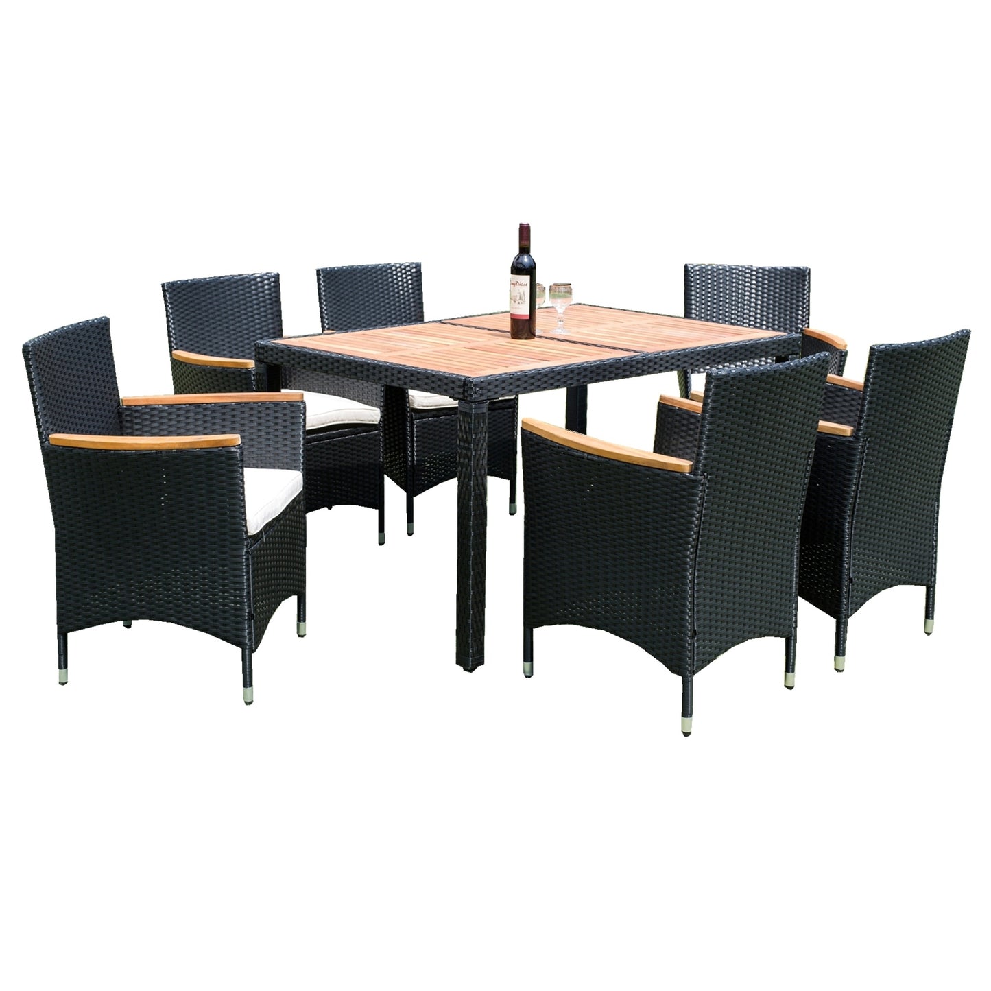 7 piece Outdoor Patio Wicker Dining Set Patio Wicker Furniture Dining Set w/Acacia Wood Top