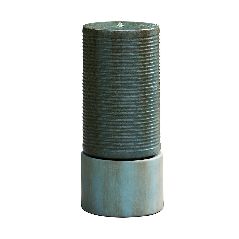 Large 44" Tall Round Green Ribbed Tower Water Fountain - Verge Bronze