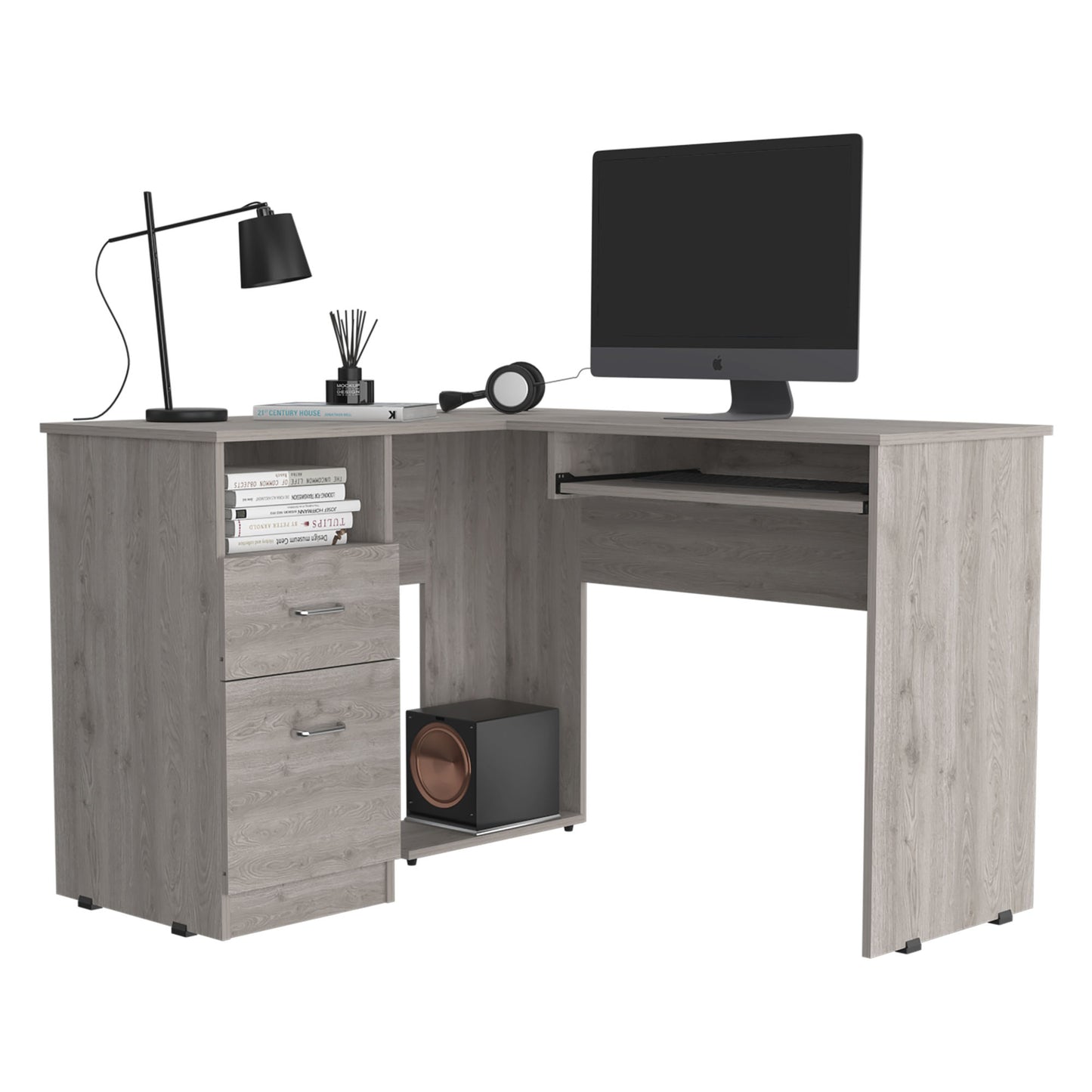L-Shaped Desk Bradford with Keyboard Shelf - Light Gray Finish