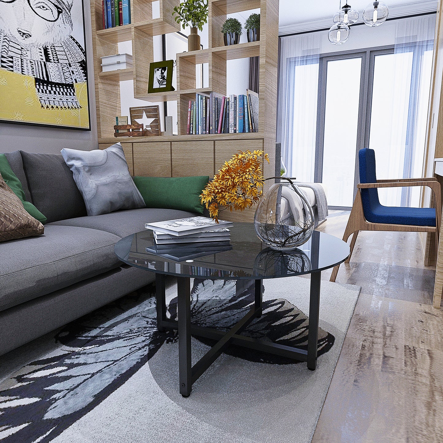 Modern Side Center Table for Living Room - Round Tempered Glass, 220lbs Capacity