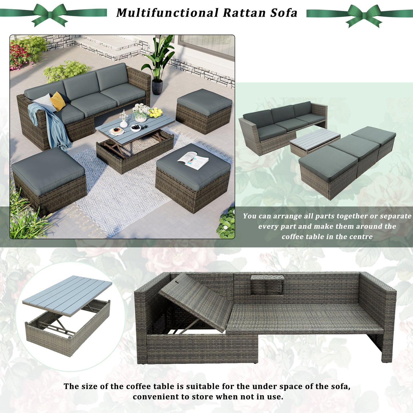 5-Piece Patio Wicker Furniture Set - Sofa, Ottomans & Lift Top Table