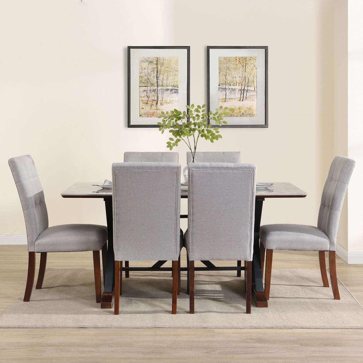 7-Piece Modern Dining Table Set - Gray Sintered Stone & Upholstered Chairs