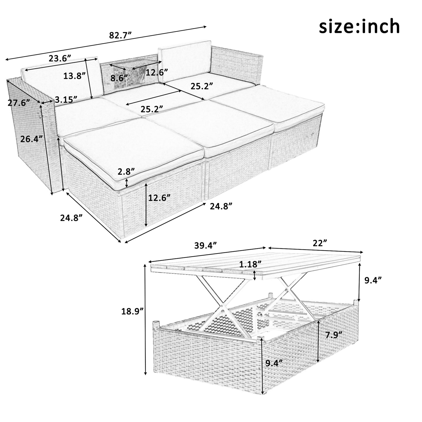 5-Piece Patio Wicker Furniture Set - Sofa, Ottomans & Lift Top Table