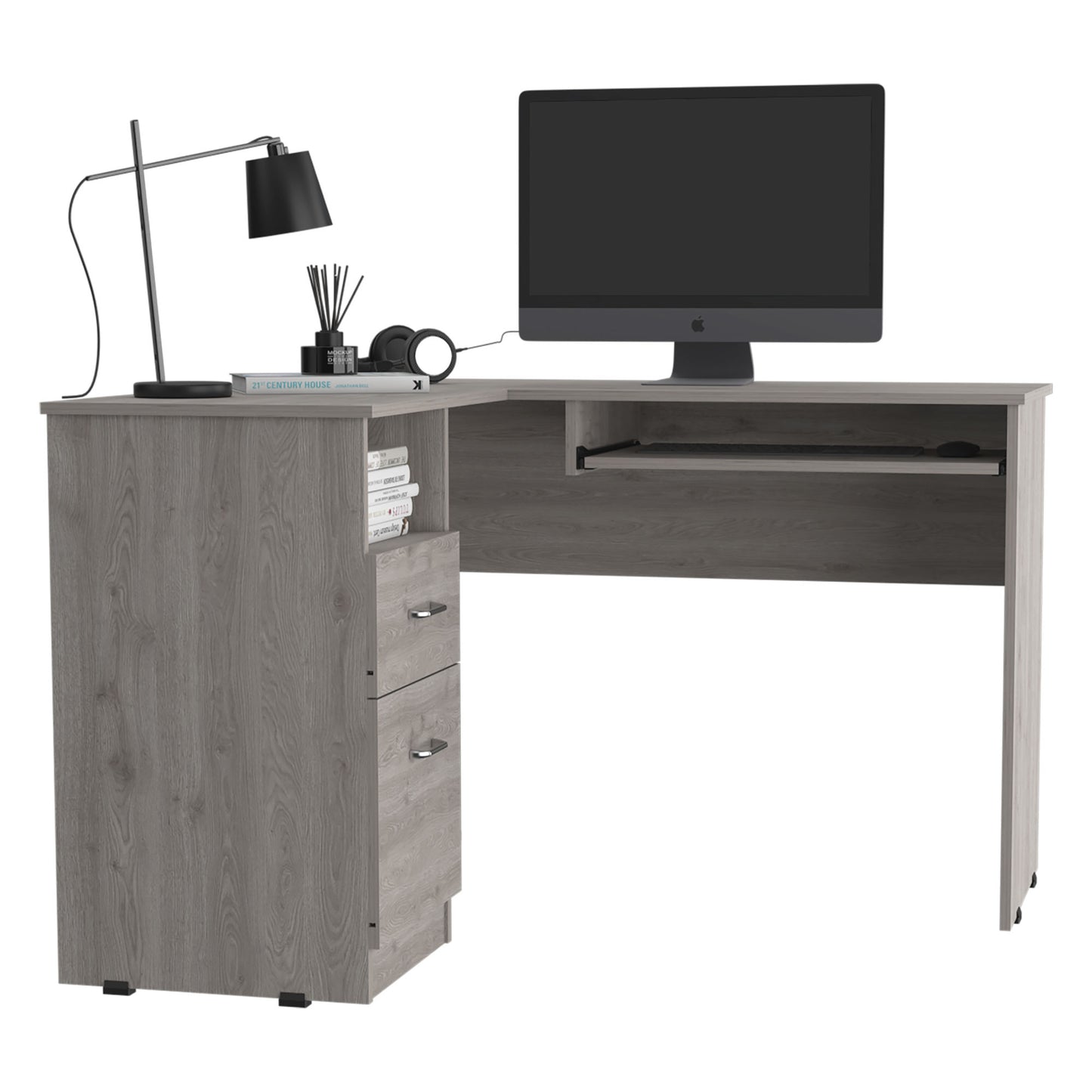 L-Shaped Desk Bradford with Keyboard Shelf - Light Gray Finish