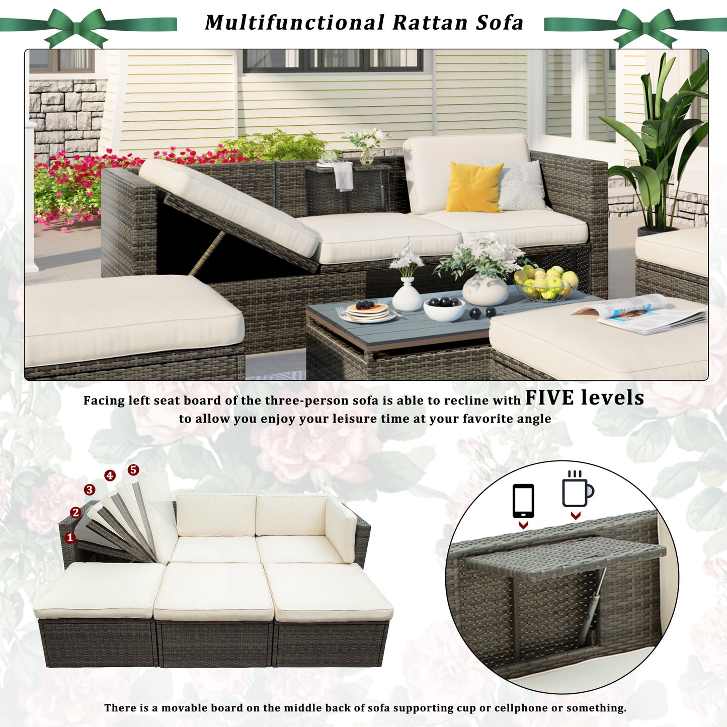 5-Piece Patio Wicker Furniture Set - Sofa, Ottomans & Lift Top Table
