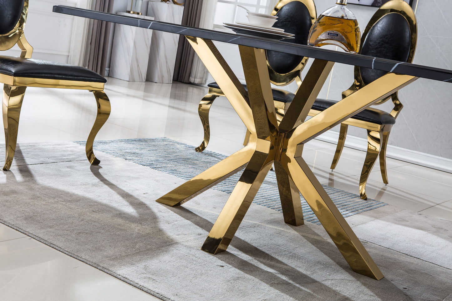 Modern Rectangular Marble Dining Table - 63"L x 35"D x 30"H, Gold Stainless Steel Base