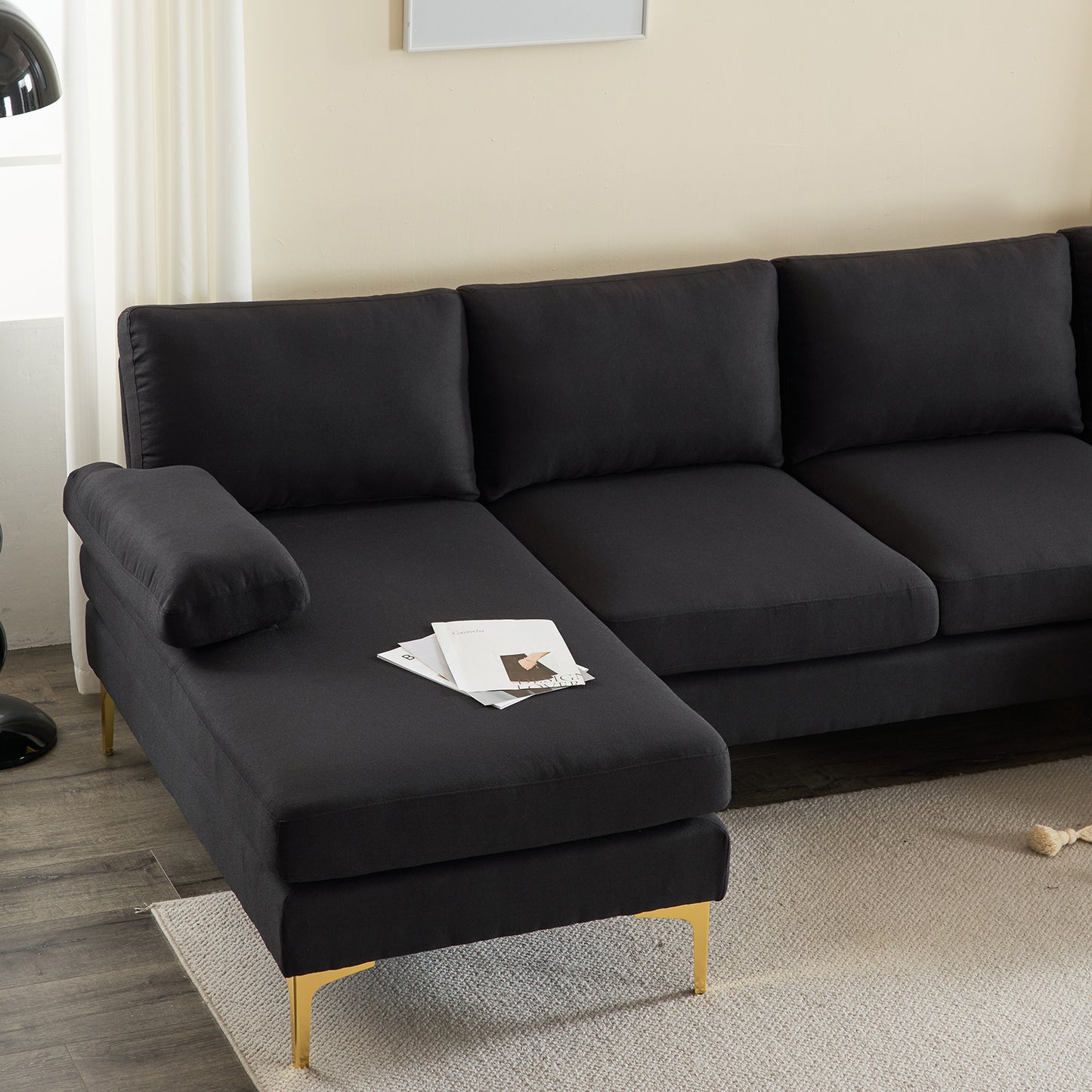 U-Shaped 4-Seat Modular Sofa - Black Linen with Golden Feet