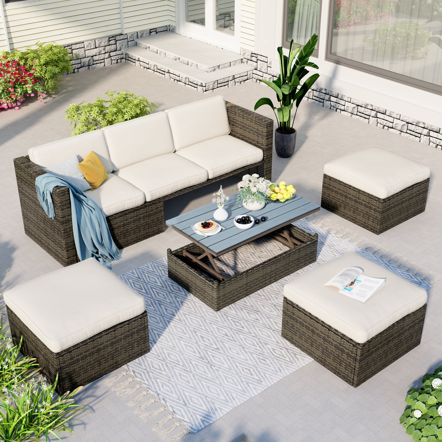 5-Piece Patio Wicker Furniture Set - Sofa, Ottomans & Lift Top Table