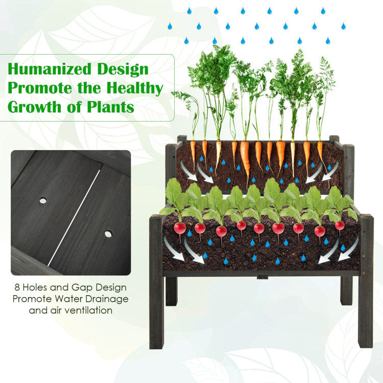 2 Tier Wooden Raised Garden Bed with Legs and Drain Holes