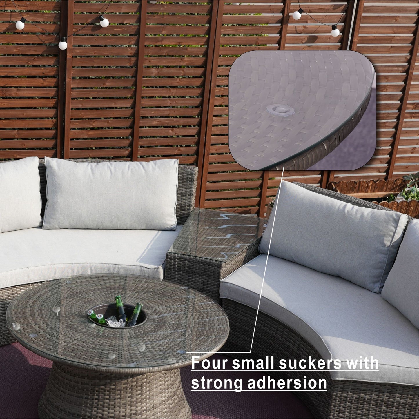 6-Piece Outdoor Furniture Half-Moon Wicker Sofa Set with Cushion and Coffee Table