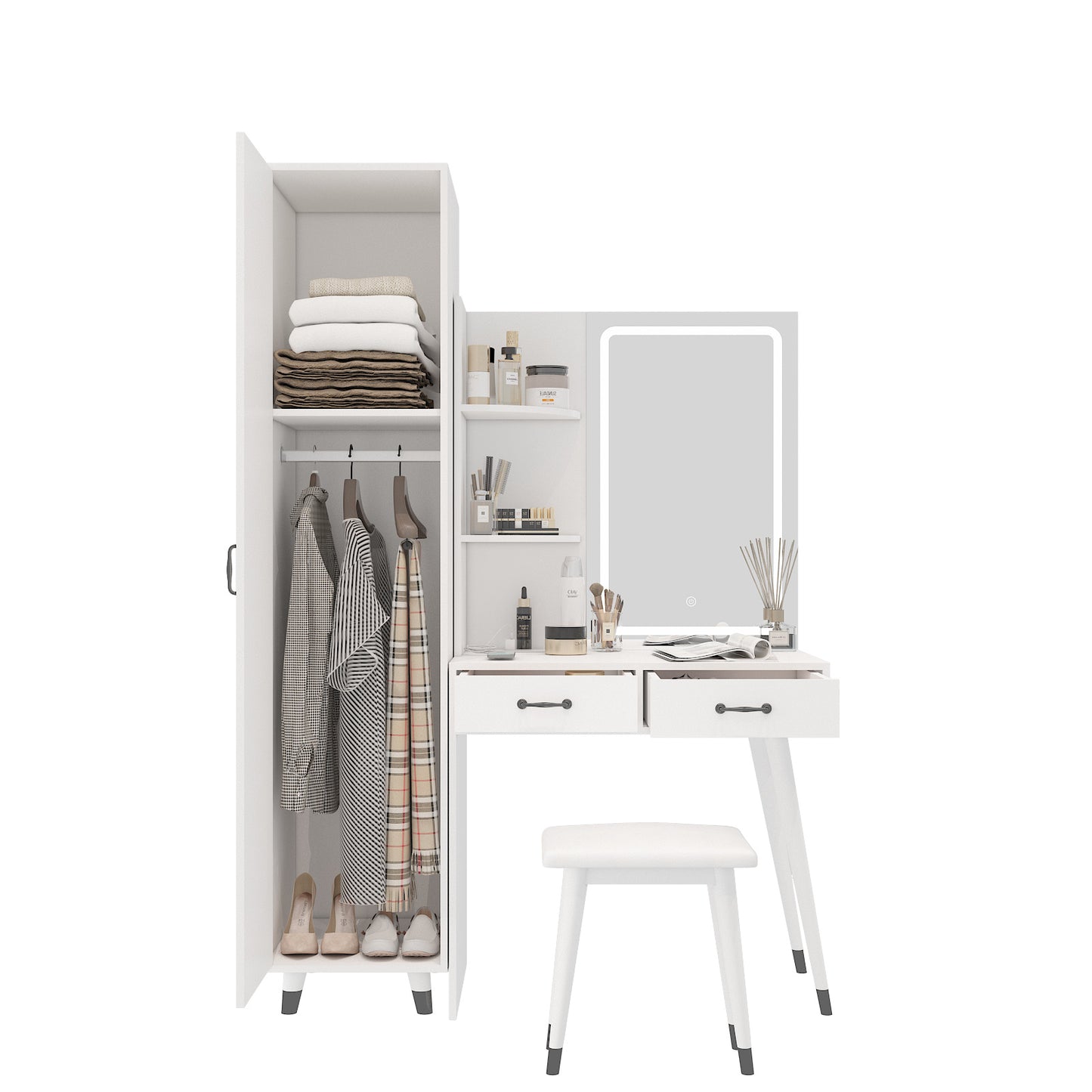 Makeup Vanity Table & Slim Armoire Wardrobe Set - White