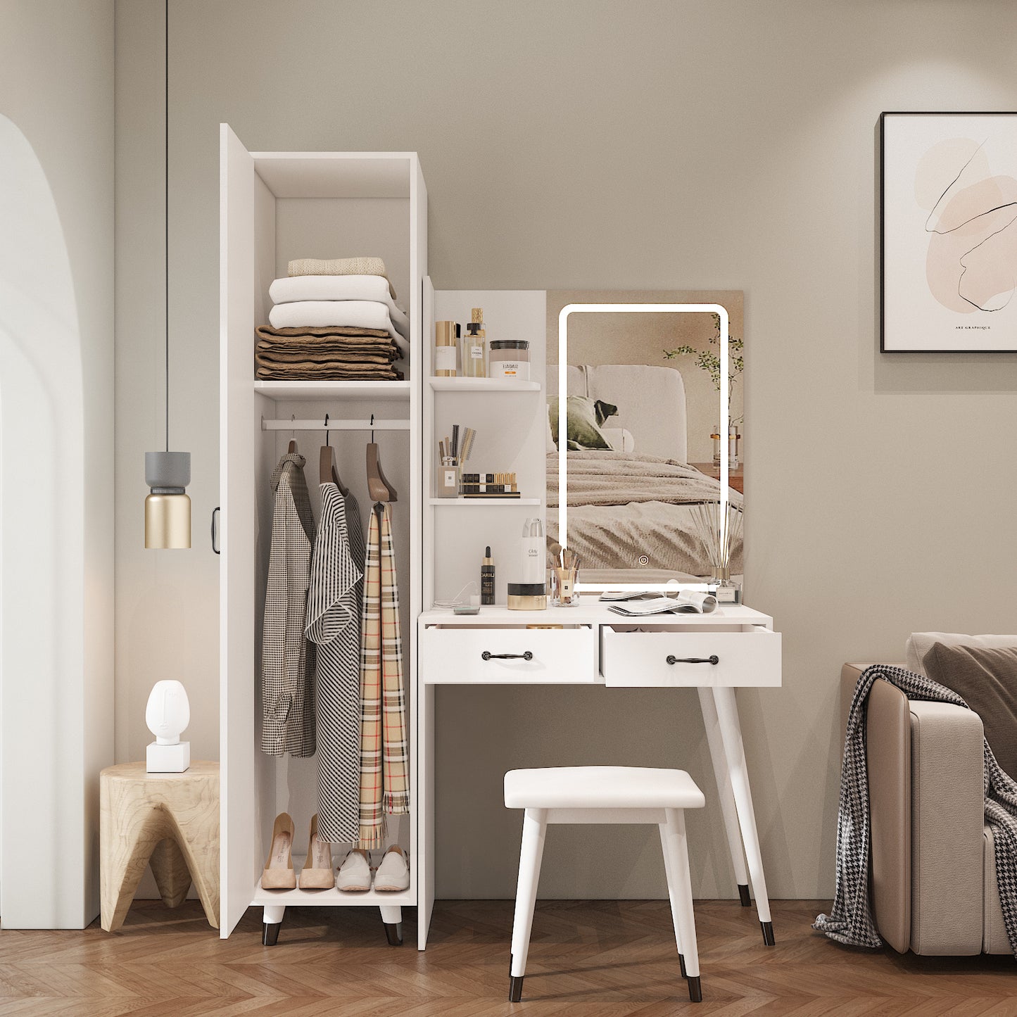 Makeup Vanity Table & Slim Armoire Wardrobe Set - White