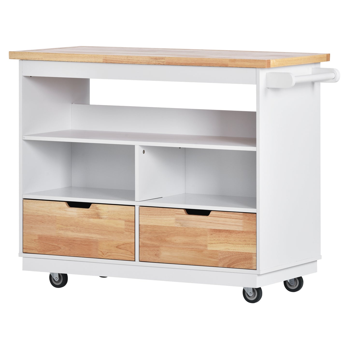 Rolling Kitchen Island with Storage - White, Wood Top, Rubber Wheels