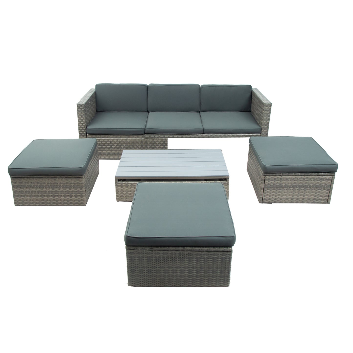 5-Piece Patio Wicker Furniture Set - Sofa, Ottomans & Lift Top Table