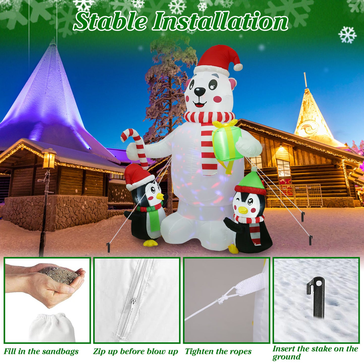 5.9FT Christmas Inflatable Outdoor Decoration - Polar Bear, Gift Box & Penguin with LED Lights