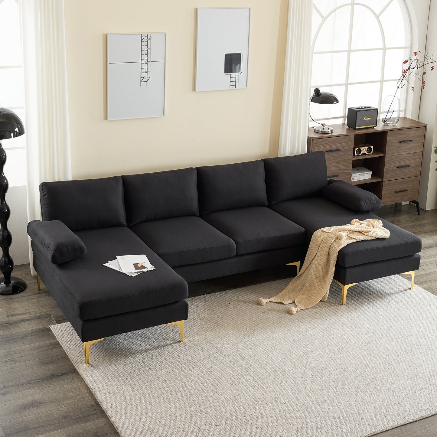 U-Shaped 4-Seat Modular Sofa - Black Linen with Golden Feet
