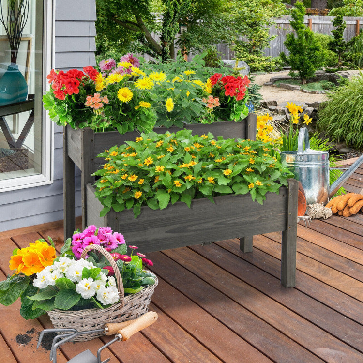 2 Tier Wooden Raised Garden Bed with Legs and Drain Holes