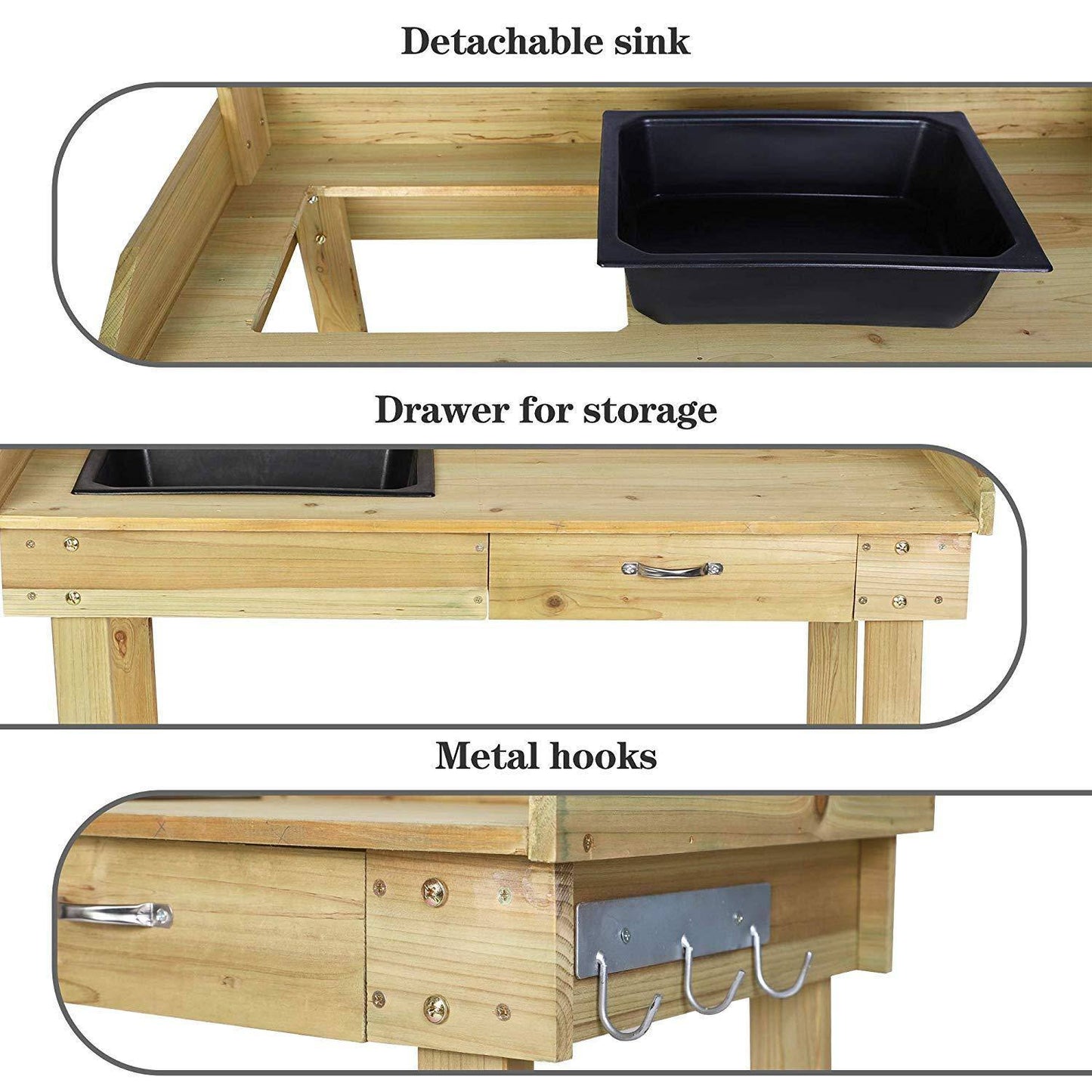 Wood Potting Bench Work Station Table with Tabletop Removable Sink Drawer Shelves Hooks on Wheels