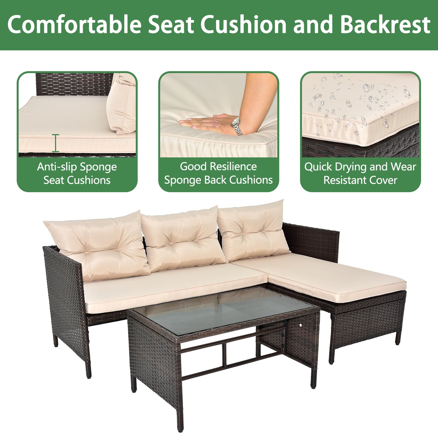 3-Piece Outdoor PE Rattan Furniture Set - Patio Black Wicker Loveseat Sofa