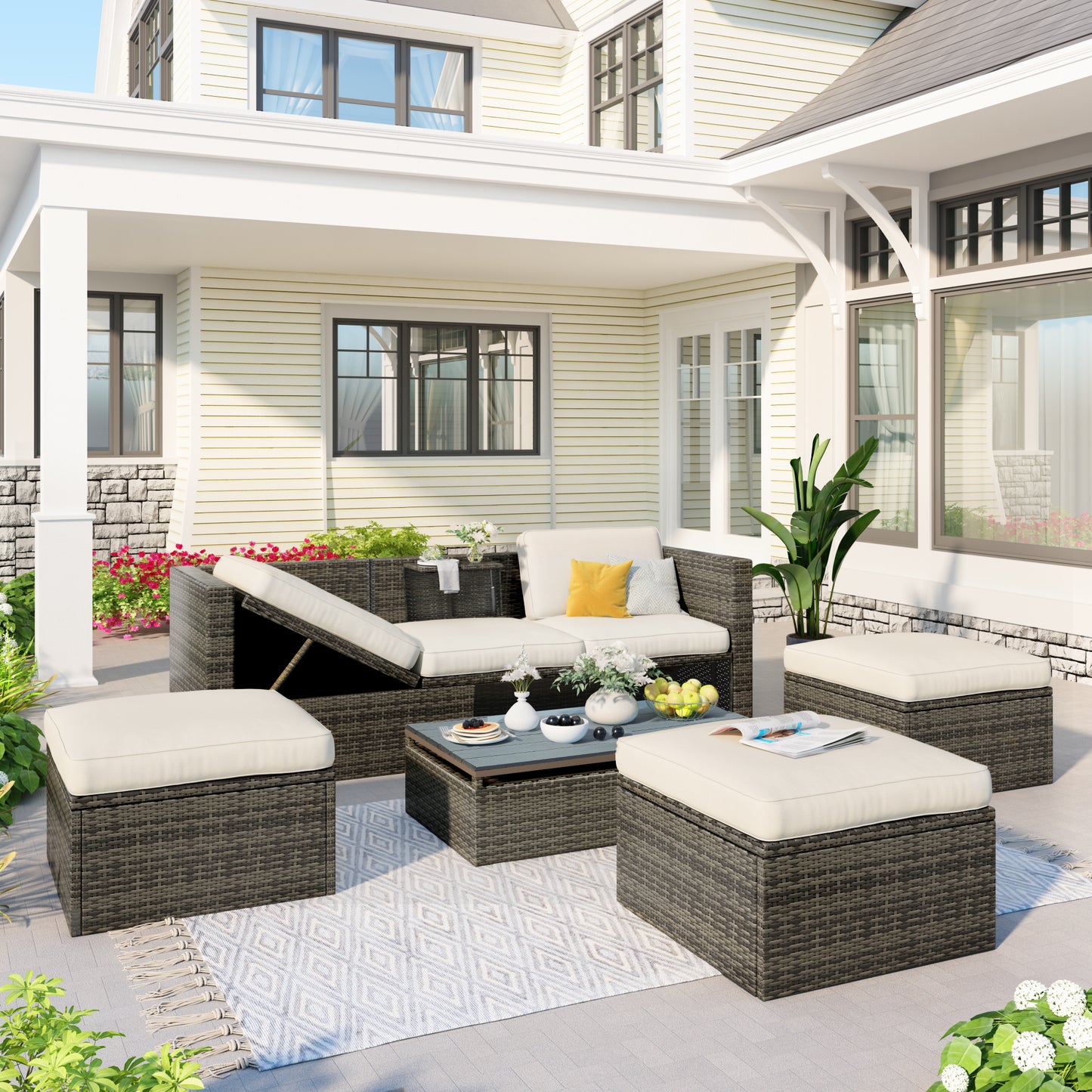5-Piece Patio Wicker Furniture Set - Sofa, Ottomans & Lift Top Table