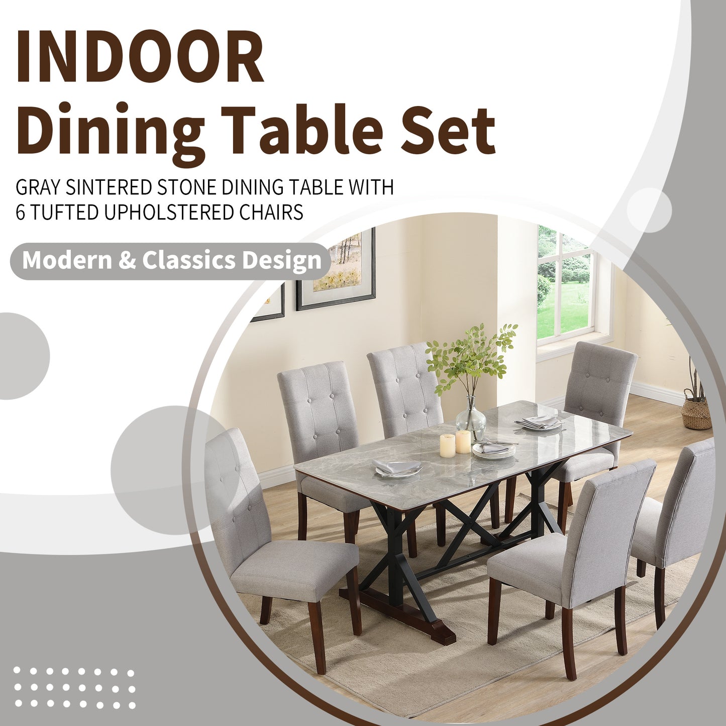 7-Piece Modern Dining Table Set - Gray Sintered Stone & Upholstered Chairs