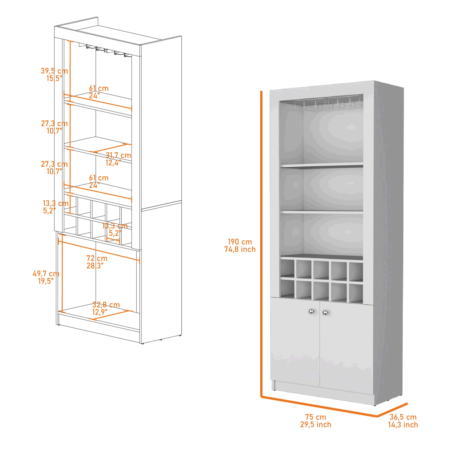 Mia White Bar Cabinet - Wine Storage & Three Shelves