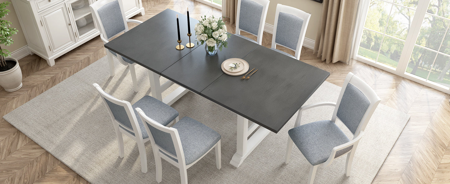 7-Piece Extendable Trestle Dining Table Set - White, 76.9" with Removable Leaf
