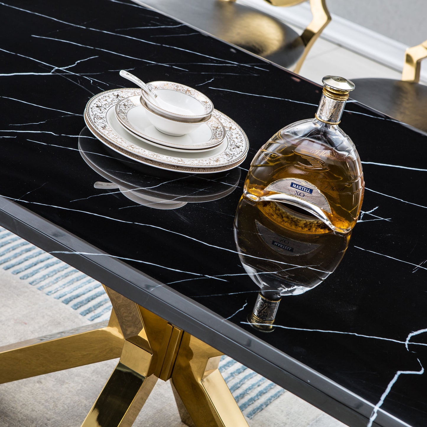 Modern Rectangular Marble Dining Table - 63"L x 35"D x 30"H, Gold Stainless Steel Base