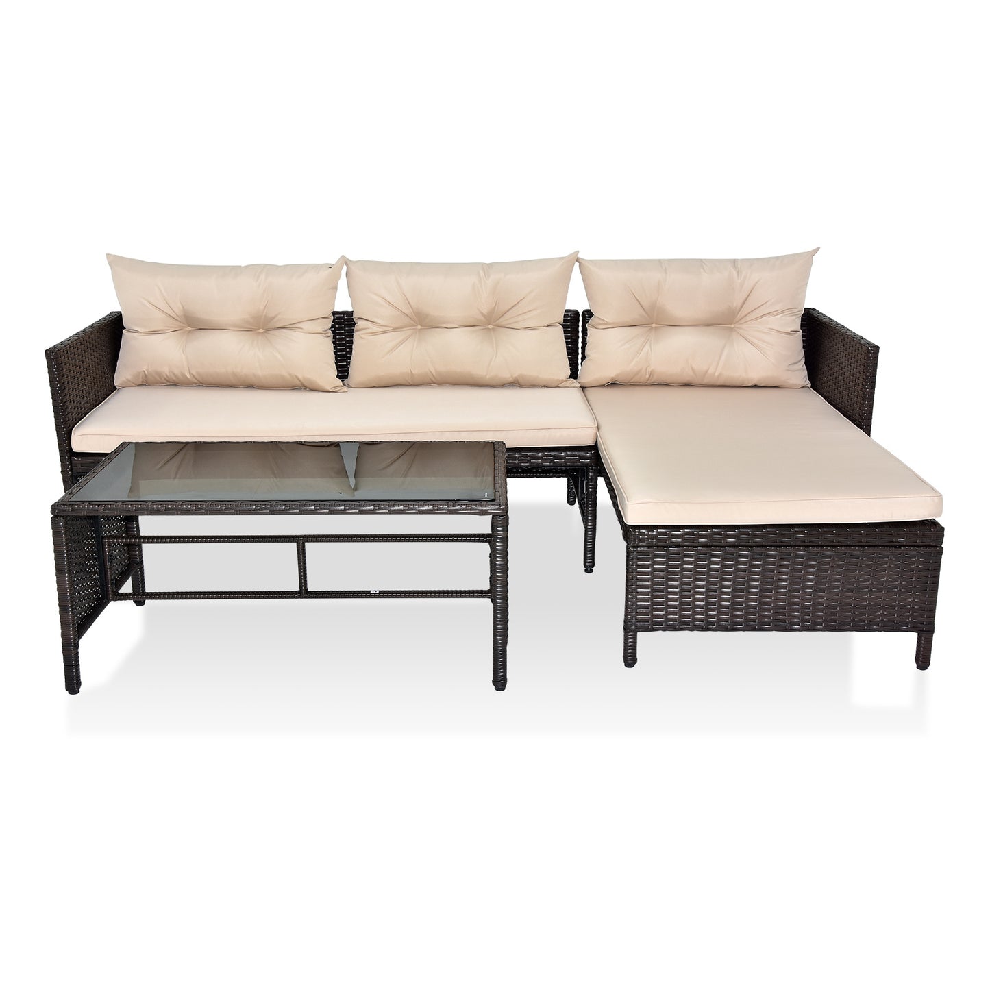 3-Piece Outdoor PE Rattan Furniture Set - Patio Black Wicker Loveseat Sofa
