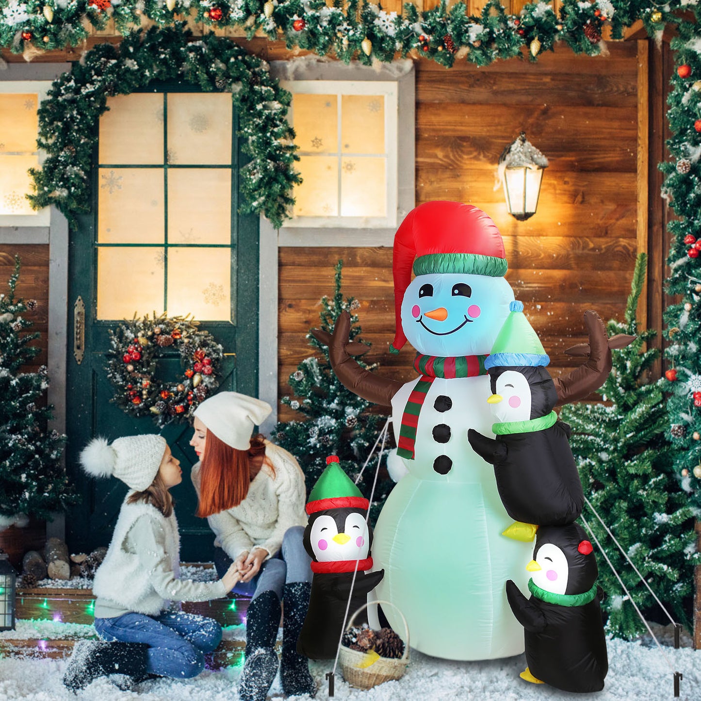 5.9FT Christmas Inflatable Outdoor Snowman & Penguin Decoration - LED Light Blow Up Yard Decor with Built-in Air Blower