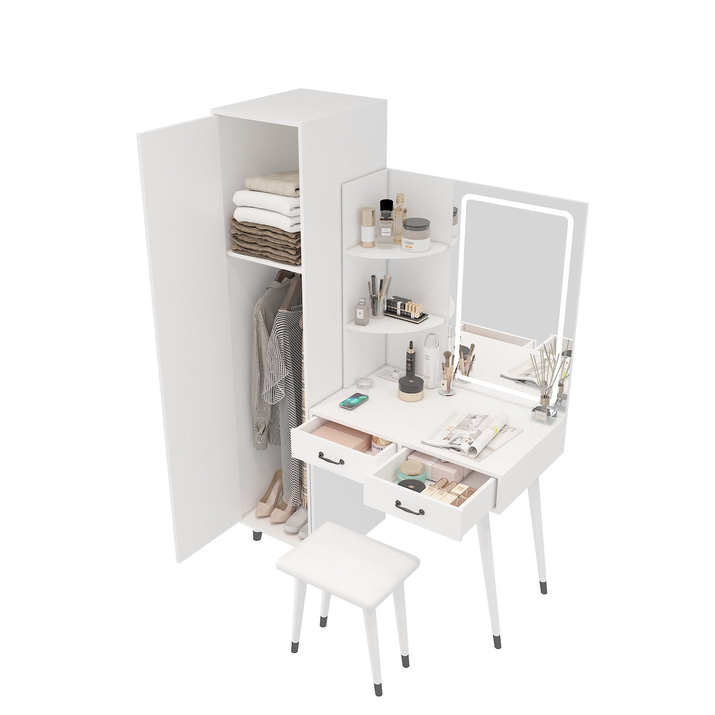 Makeup Vanity Table & Slim Armoire Wardrobe Set - White