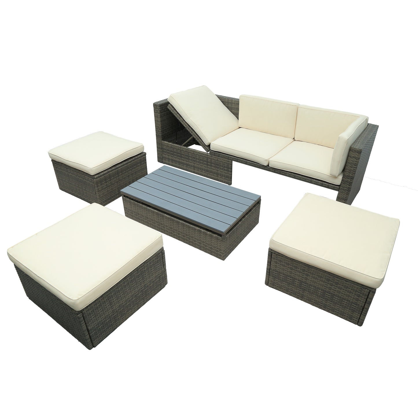 5-Piece Patio Wicker Furniture Set - Sofa, Ottomans & Lift Top Table