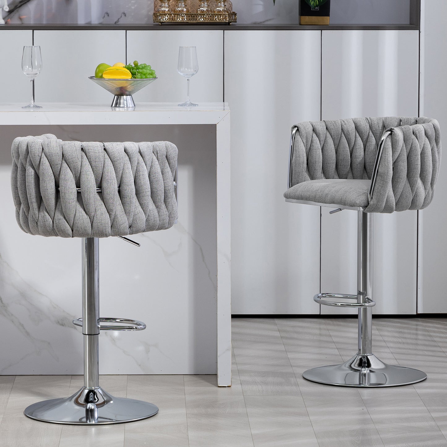 360° Swivel Fabric Bar Stools Set of 2 - Adjustable Counter Height Chairs with Woven Back & Footrest, Gray