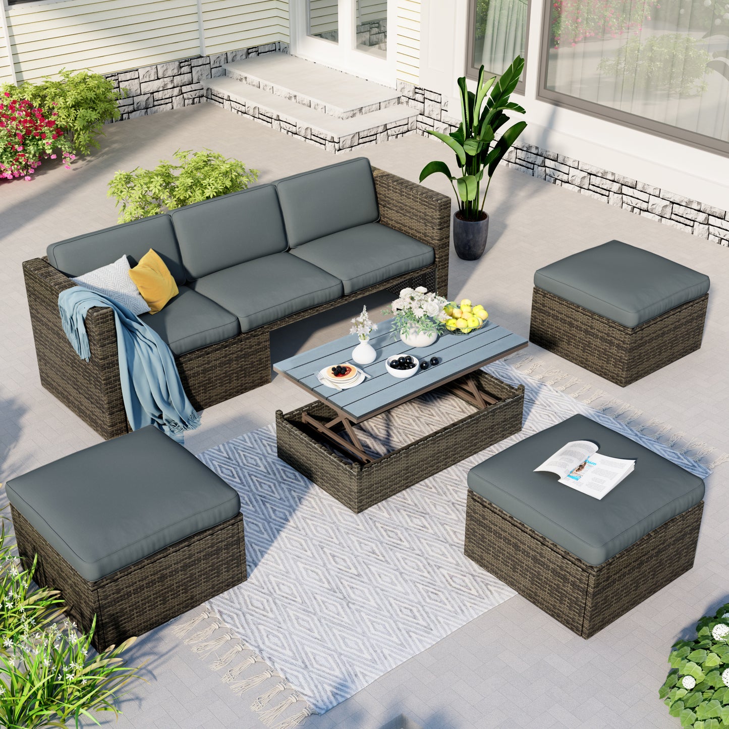 5-Piece Patio Wicker Furniture Set - Sofa, Ottomans & Lift Top Table