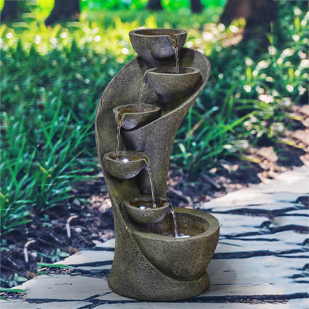 23.5" Outdoor Water Fountain with LED Light - Modern Curved Waterfall