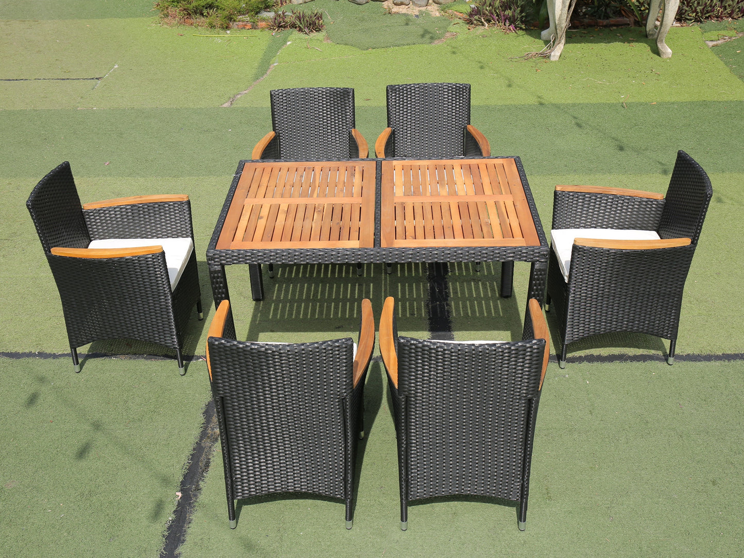 7 piece Outdoor Patio Wicker Dining Set Patio Wicker Furniture Dining Set w/Acacia Wood Top