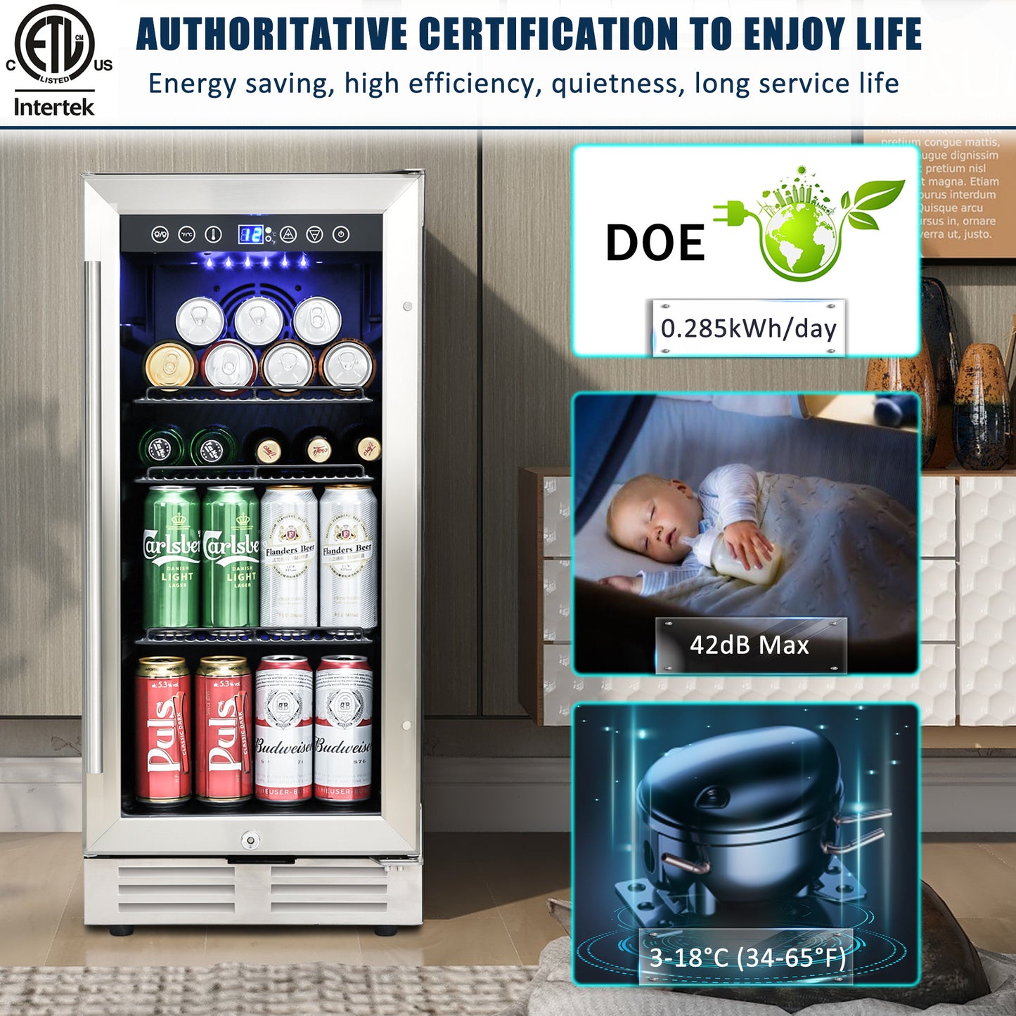 Premium 15-Inch Mini Beverage Refrigerator / Wine Cooler - 120 Cans, Built-in & Freestanding