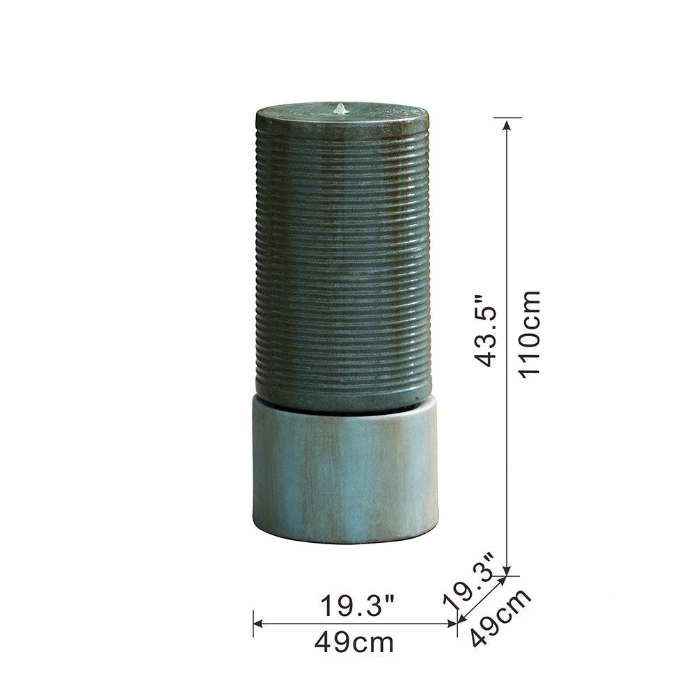 Large 44" Tall Round Green Ribbed Tower Water Fountain - Verge Bronze