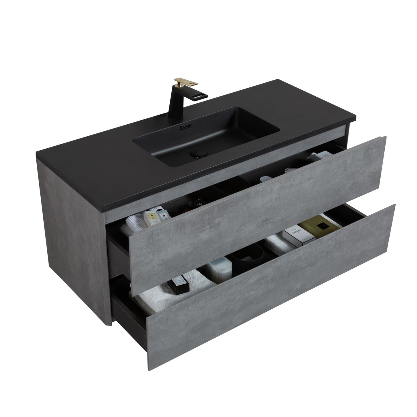 47'' Wall Mounted Single Bathroom Vanity - Ash Gray with Matte Black Surface Top