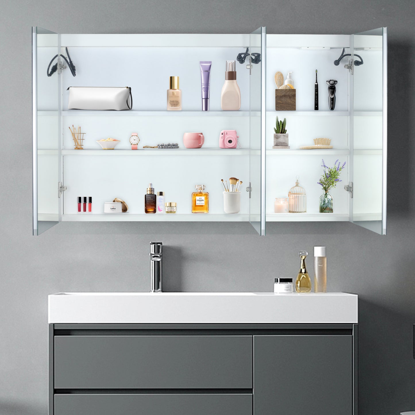 LED Bathroom Wall Cabinet - 3 Door Mirror Cabinet, White