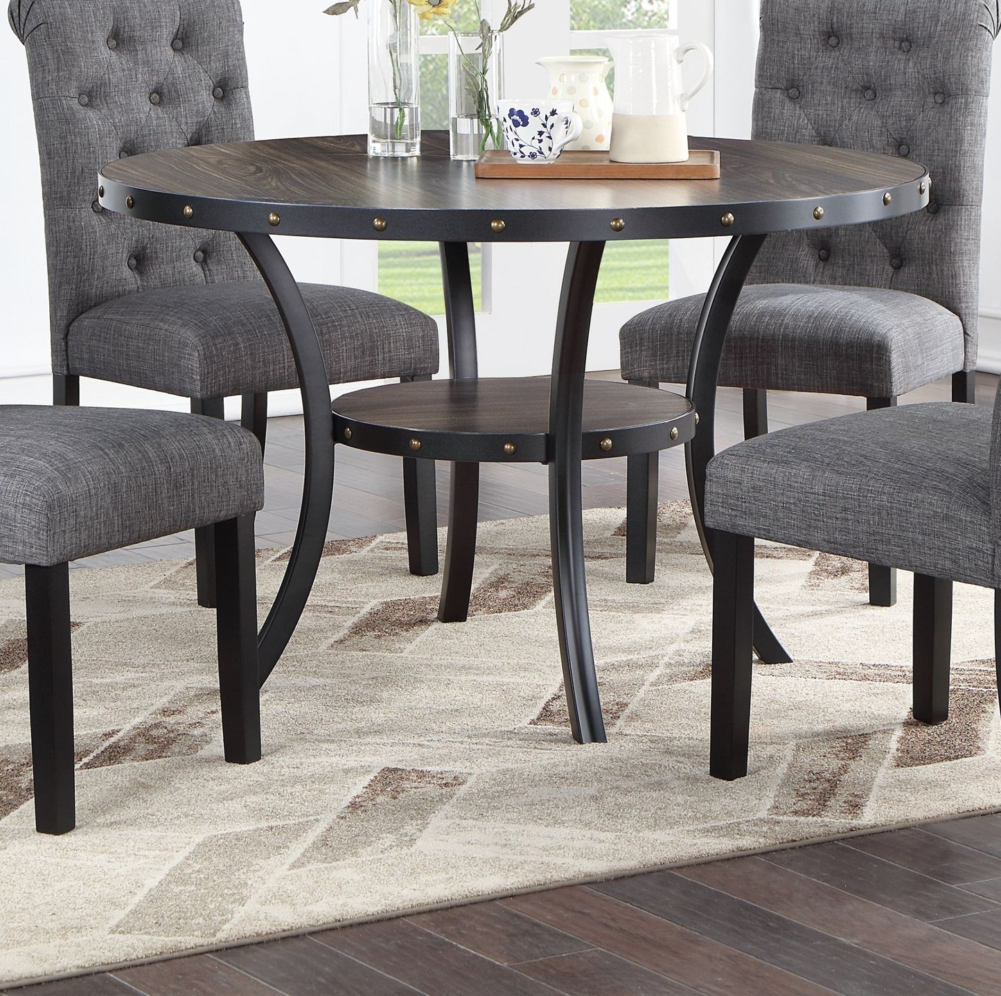Modern Classic 5pc Dining Set - Natural Wood Round Table & Charcoal Tufted Chairs
