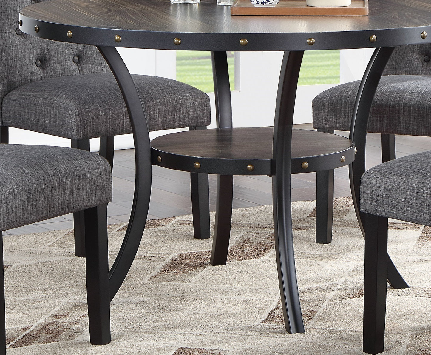 Modern Classic 5pc Dining Set - Natural Wood Round Table & Charcoal Tufted Chairs